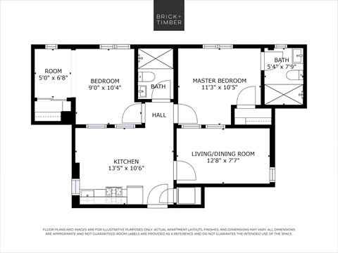 Floor plan for 3 beds, 2 baths, 923 sqft